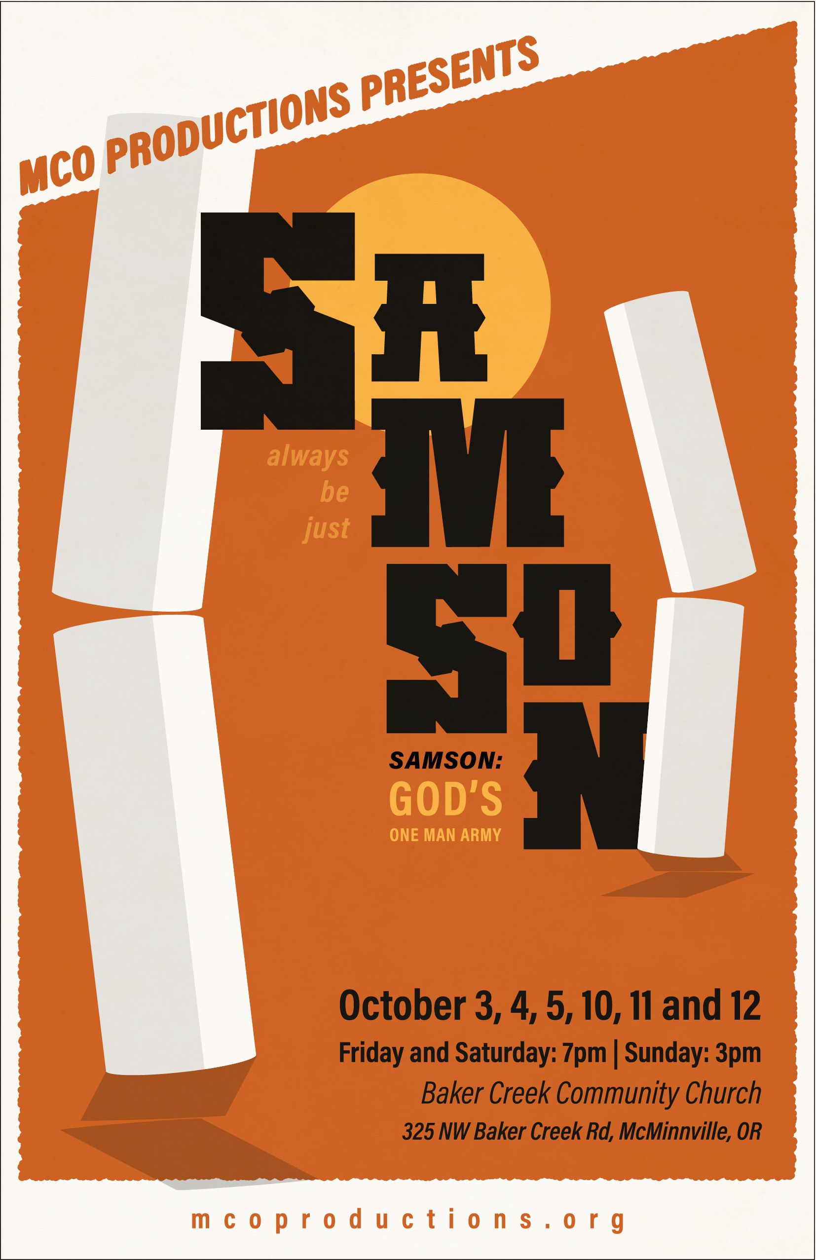 Poster for Samson: God's One Man Army, an MCO Productions musical staged October 3 to 12, 2025